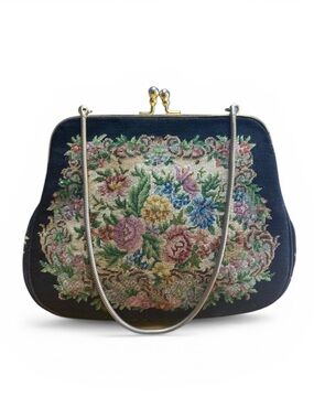 Vintage Tapestry Black Floral Needlepoint Purse Clutch Chain Strap Kiss Clasp